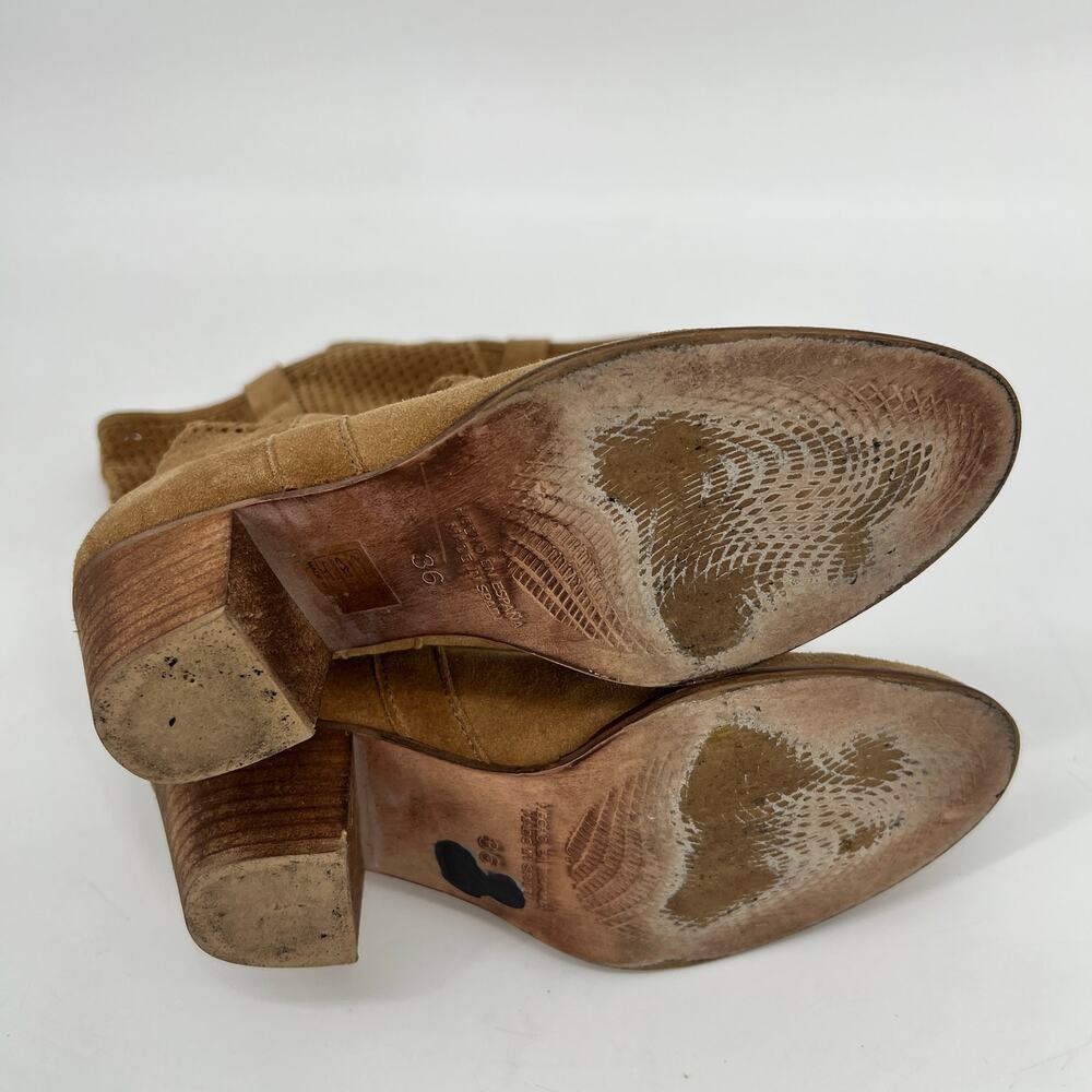 Perforated Tan Suede Leather Boots Womens EU 36 US 6 Slouchy Mid Calf Spain READ - Picture 6 of 9